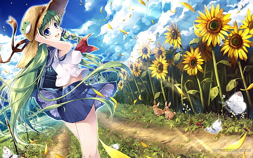 anime, anime girls, Touhou, Kochiya Sanae, sunflowers, HD wallpaper HD wallpaper