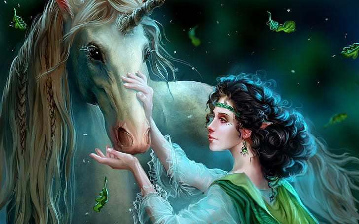 Fantasy girl and the Unicorn, Fantasía, Chica, Unicornio, Fondo de pantalla HD