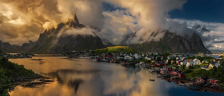 vattensamling, natur, landskap, Norge, solnedgång, moln, berg, stad, ö, Lofoten, hav, fjord, solljus, sommar, båt, HD tapet