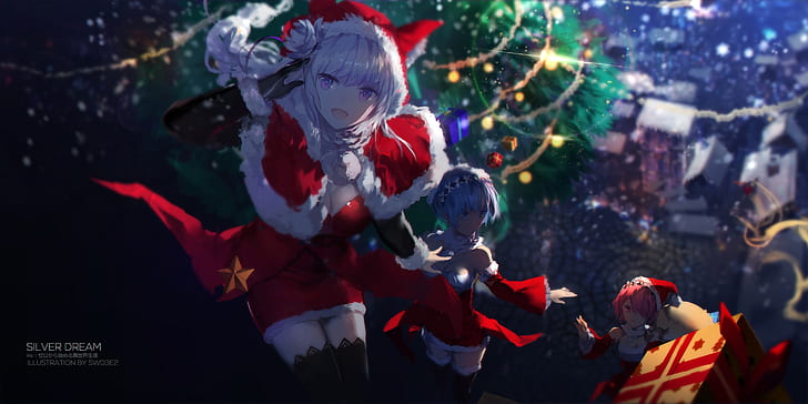 re: zero, christmas, emilia, rem, ram, smiling, santa costume, Anime, HD wallpaper