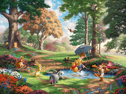 Winnie the Pooh şemsiye ağaçları çizim HD, dijital / sanat, ağaçlar, çizim, şemsiye, pooh, winnie, HD masaüstü duvar kağıdı HD wallpaper