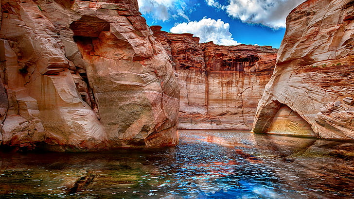 photo of bodies of water in between of rocks, Antelope Canyon, photo, bodies of water, in between, rocks, Landscape, Reflection, Shchukin, Sigma, Arizona, USA, nature, rock - Object, scenics, river, outdoors, canyon, sandstone, cliff, water, HD wallpaper
