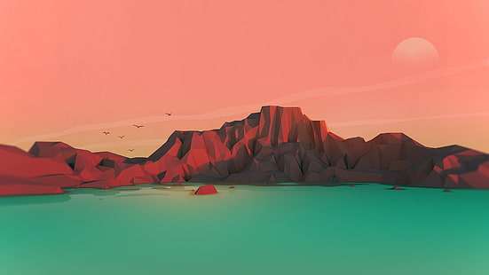digital art, low poly, sunset, mountains, HD wallpaper HD wallpaper