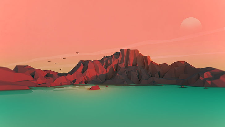 ilustracja brązowej góry, zachód słońca, sztuka cyfrowa, góry, low poly, Tapety HD