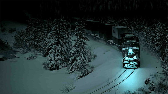 дизелов локомотив, железопътен транспорт, нощ, влак, фотография, товарен влак, сняг, HD тапет HD wallpaper