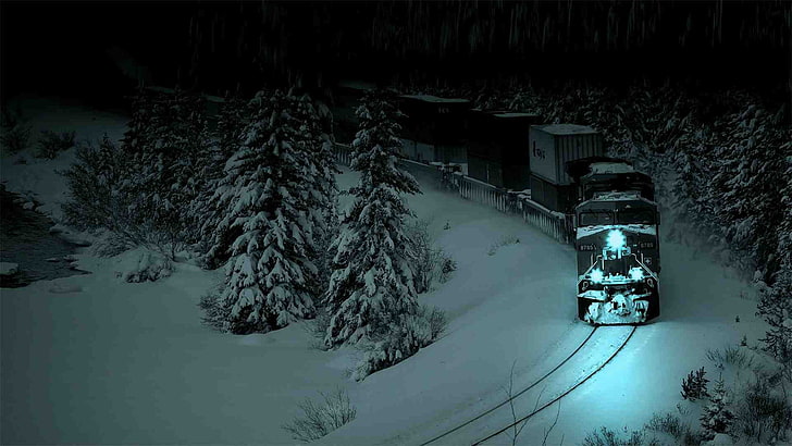 черный металл поезд, поезд, грузовой поезд, фотография, тепловоз, ночь, снег, железная дорога, HD обои