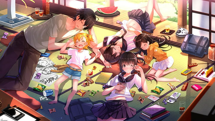 garotas de anime, Barakamon, Yamamura Miwa, dormindo, uniforme escolar, Arai Tamako, Kotoishi Naru, Handa Seishuu, Swordsouls, Kubota Hina, anime boys, anime, HD papel de parede