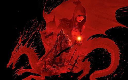 женщина в плаще и рыцарь с фоном дракона цифровые обои, видеоигры, Dragon Age, Dragon Age: Origins, Morrigan (персонаж), фэнтези-арт, Morrigan, HD обои HD wallpaper