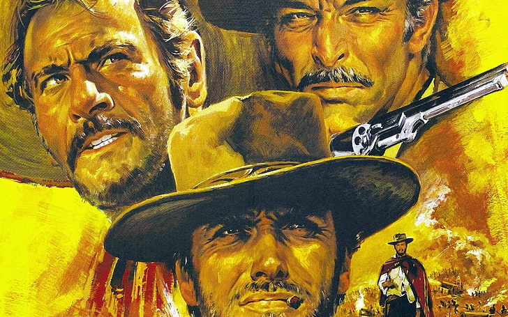 three man portrait painting, Clint Eastwood, The Good, the Bad and the Ugly, movies, western, Lee Van Cleef, HD wallpaper