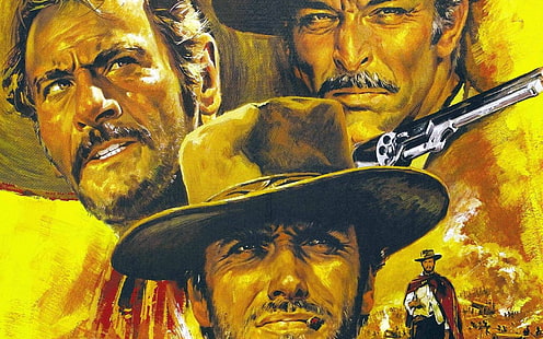 three man portrait painting, Clint Eastwood, The Good, the Bad and the Ugly, movies, western, Lee Van Cleef, HD wallpaper HD wallpaper