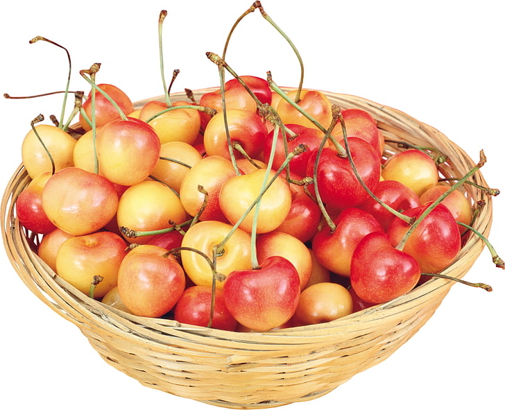basket of cherries, basket, berries, cherries, white background, HD wallpaper