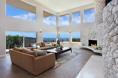 2-х местный диван из коричневой ткани, гостинная, интерьер, дизайн, камины, мебель, HD обои HD wallpaper
