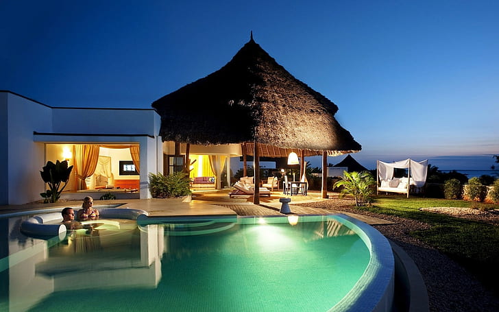 Luxury Sea House, pool, swiming pool, lights, sea, resort, hotel, HD wallpaper