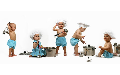 Bébés dans la cuisine, collage de marmite en acier inoxydable blanc, bébé, mignon, cuisine, Fond d'écran HD HD wallpaper
