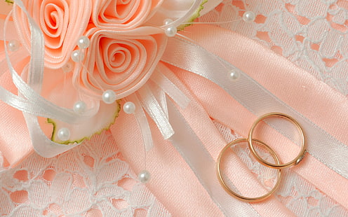 2つの金色の結婚指輪、マクロ、花、弓、結婚式、婚約指輪、 HDデスクトップの壁紙 HD wallpaper