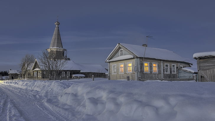 musim dingin, salju, desa, gereja, rumah, malam, es, tempat ibadah, Wallpaper HD