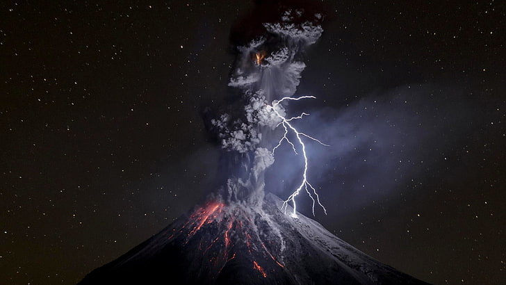 vulcão em erupção à noite, erupção vulcânica, relâmpago, natureza, HD papel de parede