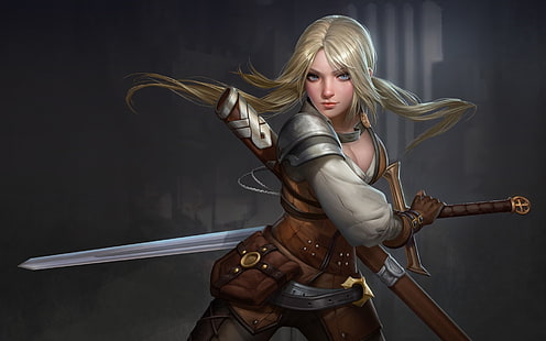 Fantasy, Women Warrior, Blonde, Blue Eyes, Girl, Long Hair, Sword, Woman Warrior, Tapety HD HD wallpaper
