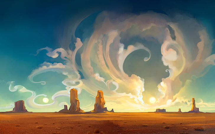wüste illustration, braune wüste malerei, kunstwerk, wüste, wolken, sonne, natur, landschaft, fantasiekunst, digitale kunst, mesa, himmel, felsen, malerei, rauch, Tuomas Korpi, HD-Hintergrundbild