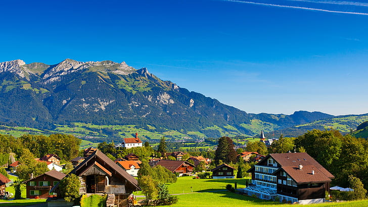 الطبيعة ، 2560x1440 ، المساحات الخضراء ، المنازل ، الصيف ، الجبال ، سويسرا ، صور جبال الألب السويسرية ، صور جبال الألب السويسرية ، صور جبال الألب السويسرية ، إجازة في جبال الألب السويسرية، خلفية HD