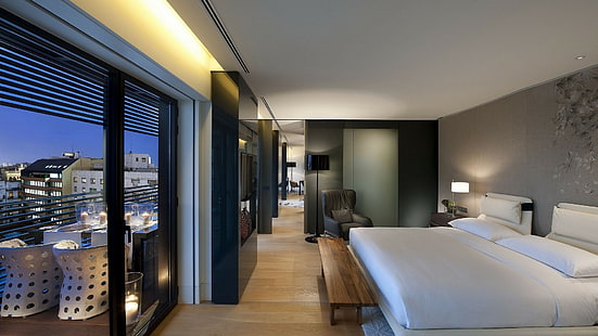 miasto, sypialnia, łóżko, okno, Tapety HD HD wallpaper