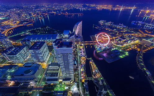 صورة جوية لمدينة ، cityscape ، عجلة فيريس ، اليابان ، منظر جوي ، أضواء ، يوكوهاما، خلفية HD HD wallpaper