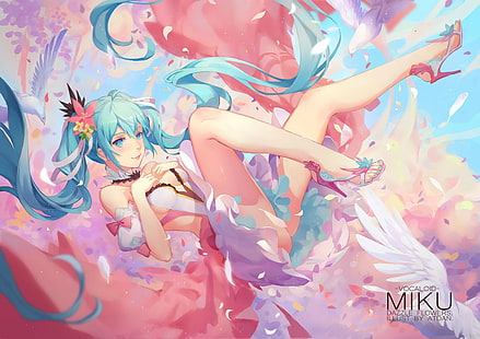 Vocaloid, Hatsune Miku, cheveux longs, twintails, robe, fleurs, Fond d'écran HD HD wallpaper