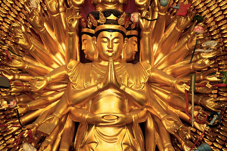 Буддийский храм, статуэтка индуистского божества, Бог, Господь Будда, красивый, золотой, статуя Будды, HD обои