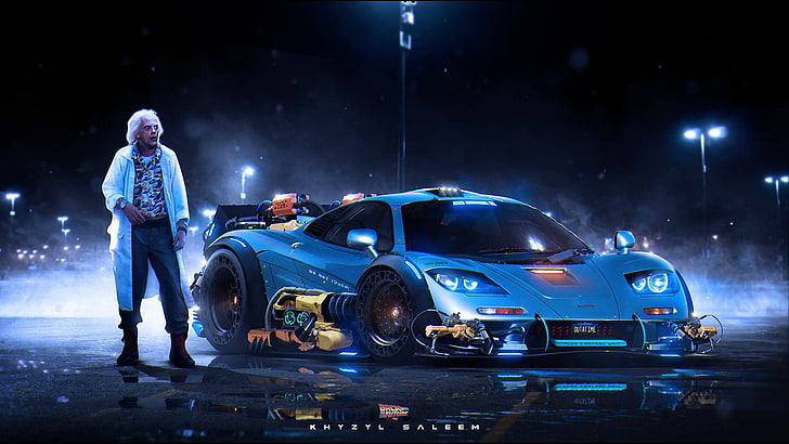 синьо спортно купе, Back to the Future, д-р Емет Браун, произведения на изкуството, дигитално изкуство, кола, Khyzyl Saleem, McLaren F1, циан, мокра улица, нощ, отражение, синьо, HD тапет