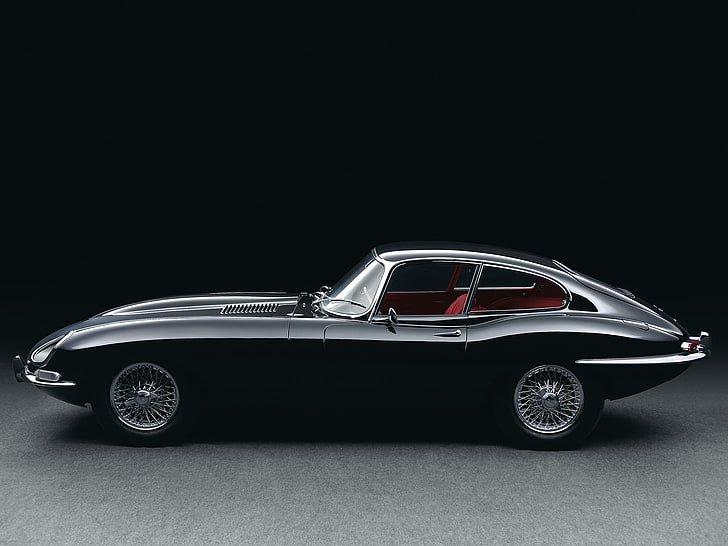 klassisk svart kupé, jaguar, e-typ, svart, retro, sidovy, 1961, HD tapet