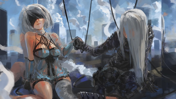 two female character illustration, video games, NieR, Nier: Automata, 2B (Nier: Automata), thighs, HD wallpaper