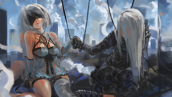 illustration de deux personnages féminins, jeux vidéo, NieR, Nier: Automata, 2B (Nier: Automata), cuisses, Fond d'écran HD HD wallpaper