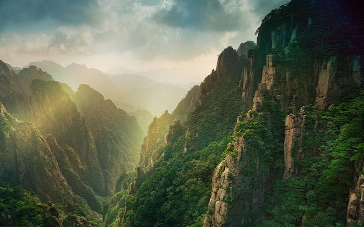 montañas emblemáticas, naturaleza, paisaje, montañas, niebla, bosque, rayos de sol, China, cañón, nubes, Fondo de pantalla HD