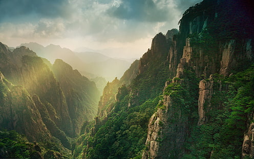 забележителност планини, природа, пейзаж, планини, мъгла, гора, слънчеви лъчи, Китай, каньон, облаци, HD тапет HD wallpaper
