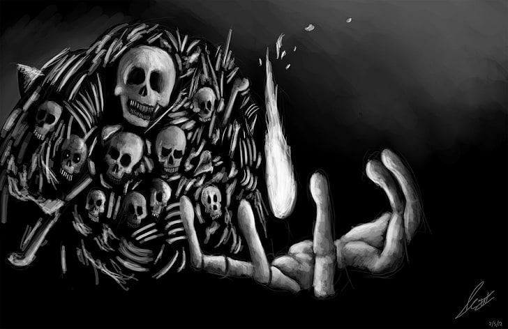 pintura del cráneo, arte de fantasía, obras de arte, dibujo, cráneo, huesos, esqueleto, monocromo, manos, dedos, fuego, Dark Souls, Fondo de pantalla HD