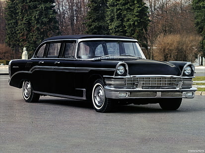 سيدان سوداء وفضية ، zil 111 ، سيارة سوفيتية ، أسود ، منظر جانبي، خلفية HD HD wallpaper