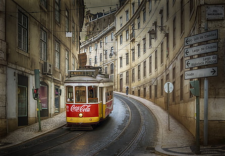 la città, strada, tram, Portogallo, Lisbona, Sfondo HD HD wallpaper