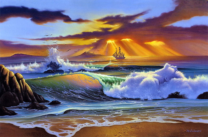 papel pintado animado de las olas del mar, mar, playa, arte, pintura, arte, sol, rayos, tarde, tormenta, Fondo de pantalla HD