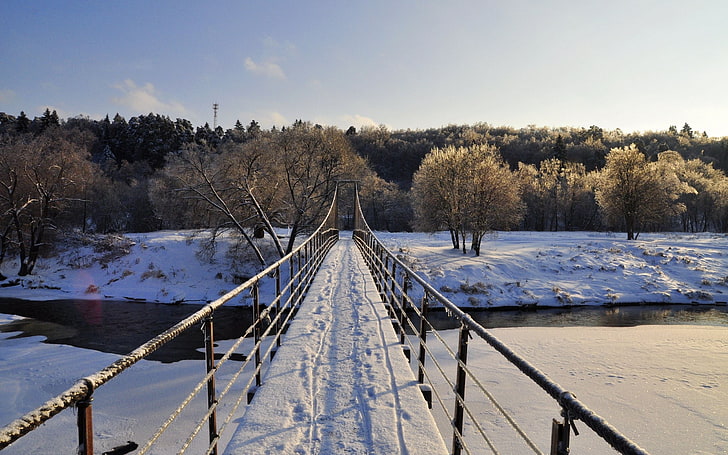 бело-коричневый мост, природа, пейзаж, мост, снег, деревья, река, тропинка, HD обои