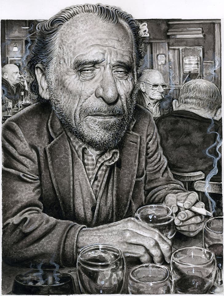 men, writers, face, Charles Bukowski, drawing, monochrome, beard, portrait display, HD wallpaper