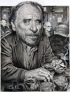  men, writers, face, Charles Bukowski, drawing, monochrome, beard, portrait display, HD wallpaper HD wallpaper