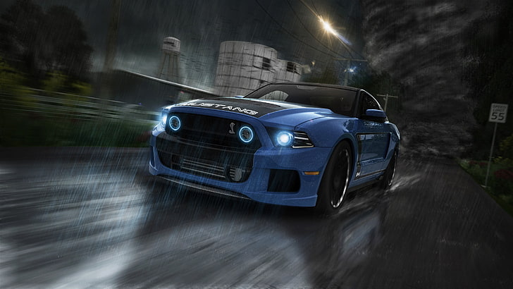 синий Ford Mustang Shelby coupe, 3D, форд мустанг, автомобиль, синие автомобили, форд, ночь, дождь, дорога, HD обои
