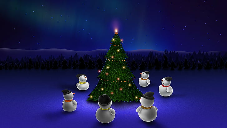 Коледа, снежни човеци, коледно дърво, дървета, звезди, коледни светлини, HD тапет