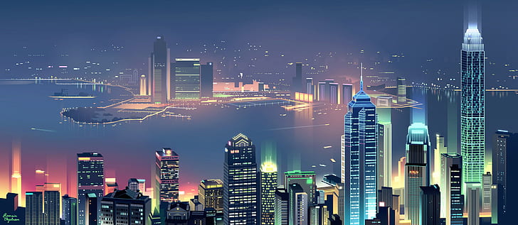 Luces de la ciudad, paisaje urbano, colorido, arte digital, Hong Kong, Romain Trystam, horizonte, Fondo de pantalla HD