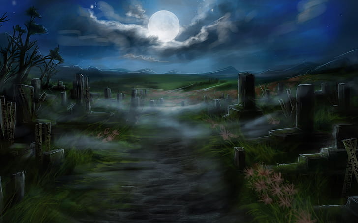 нощ, Луна, облаци, гробище, произведения на изкуството, дигитално изкуство, HD тапет