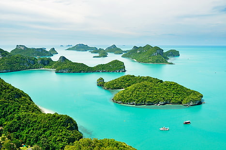 зелен остров, море, зелени, острови, тропици, Тайланд, Пукет, лодки, гледката отгоре, HD тапет HD wallpaper