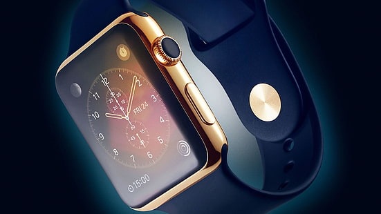 технология, интелигентен часовник, часовник, ябълка, ябълков часовник, време, златен, лента, числа, бутон, син, светъл, тъмен, сребърен, сянка, черен, HD тапет HD wallpaper