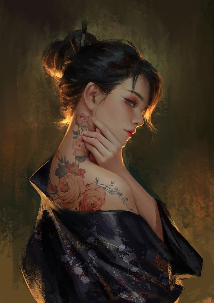 women, eastern, tattoo, hairbun, flowers, kimono, HD wallpaper