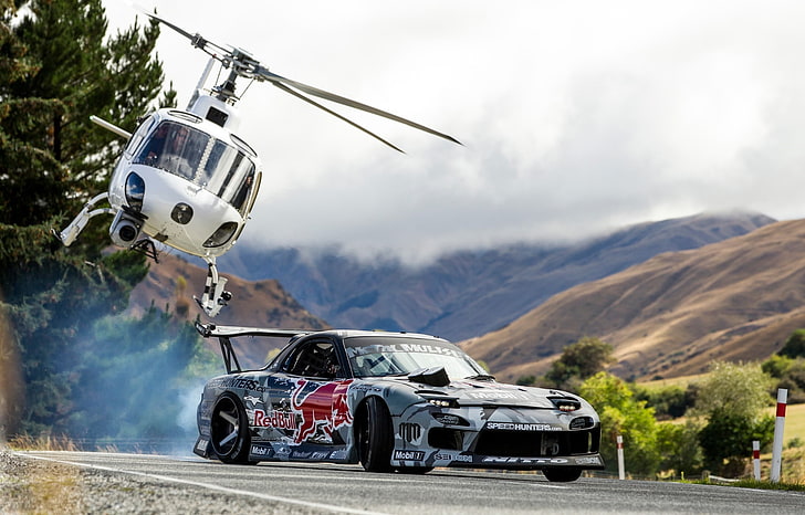 white helicopter, Mountains, Drift, Mazda, Red Bull, Mountain, Helicopter, Mad Mike, Rx7, Rx-7, HD wallpaper