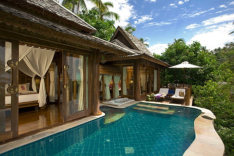 Sea View Luxury Villa and Pool ประตูกระจกกรอบไม้สีน้ำตาลเกาะว่ายน้ำวิวแปลกใหม่หมู่เกาะเขตร้อนอ่างอาบน้ำจากุซซี่ดอกไม้น้ำชายหาดอ่างน้ำร้อนมหาสมุทรสีฟ้า, วอลล์เปเปอร์ HD HD wallpaper